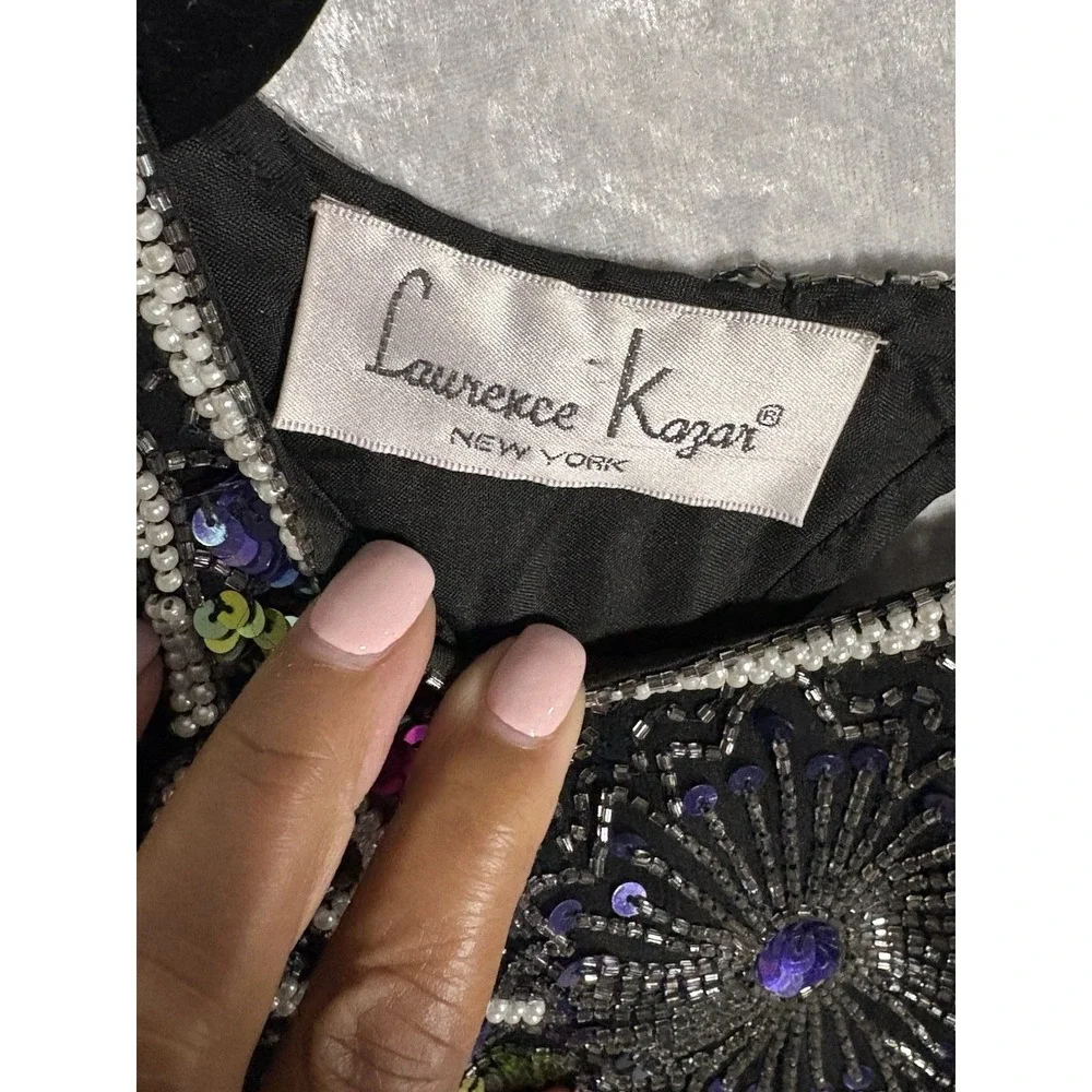 Vintage Laurence Kazar NY‎ Silk Beaded Sequin Cocktail Dress Black Art Deco M